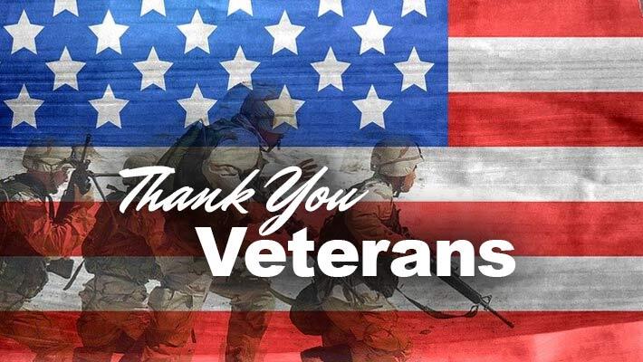 An American flag with soldiers in the background and the text Thank You Veterans.